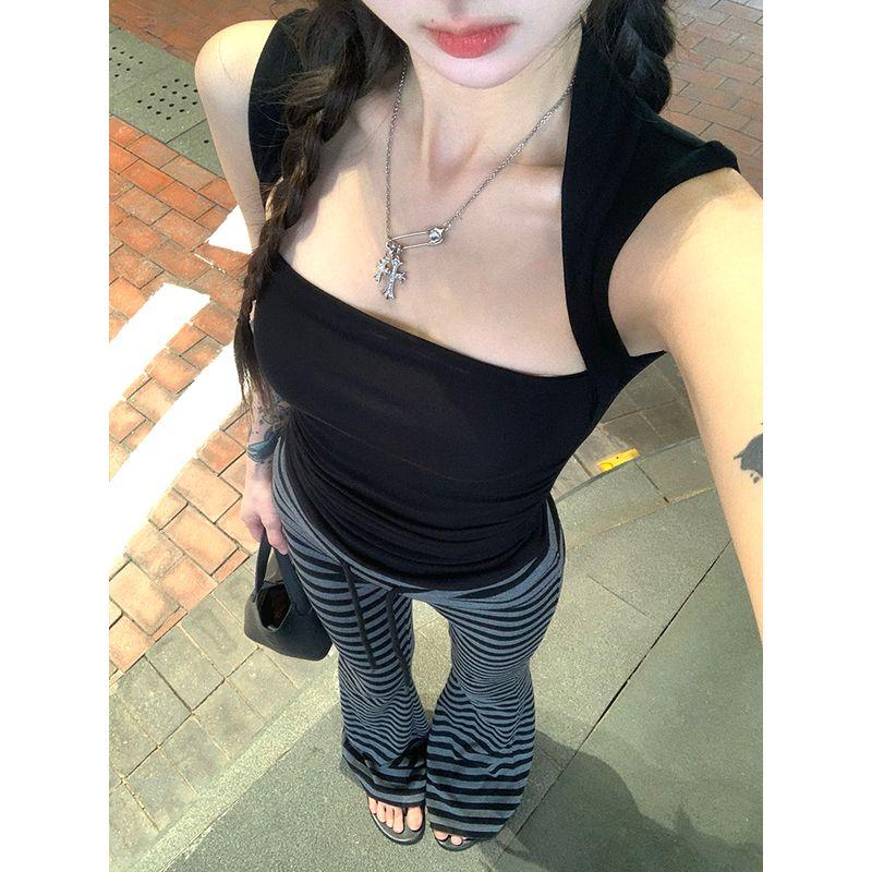 

Kumikumi Design Sense Black Square Collar Vest Sling Women Summer Slimming Stripe Drawstring Casual Pants Two-piece Set Black Vest S