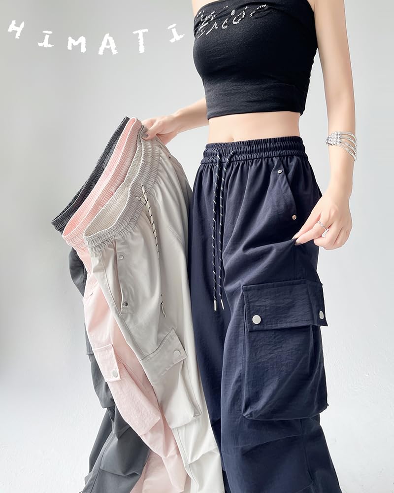HIMATI Cargo Long Wide Leg Cargo Pants with Loose Hip Hop Stylish Bottoms Navy Size M Women's Pants, Pants, Pockets, Fit, Dance, - -