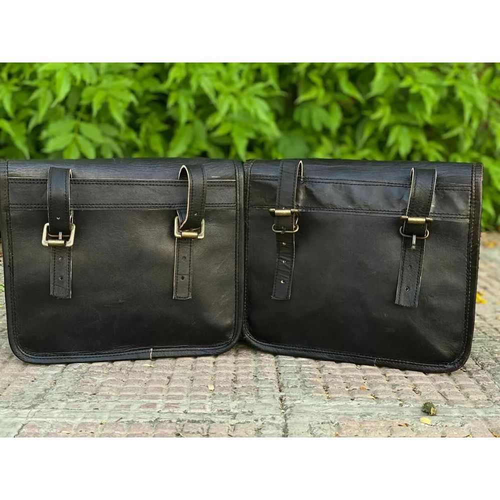 Saddle Bags Three Black Leather Motorcycle Side Pouch Panniers 3 Bags Combo Pack