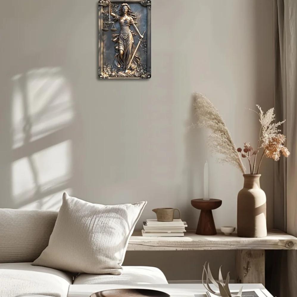 Vintage Aluminum Wall Hanging: Justice Goddess Design with Scales of Justice - Decorative Metal Plaque for Bar, Living Room