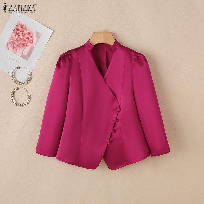 ZANZEA Damen Casual V-Ausschnitt Einfarbig 3/4-Ärmel Satinbluse