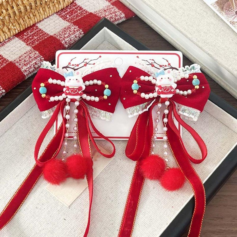 2pcs Bow New Year Ribbon Barrettes Lion Embroidered Bow Headwear Ancient Style Hair Clip  Winter