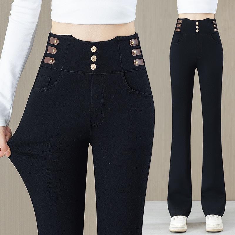 

Джинсовые расклешенные брюки с высокой талией и бархатной подкладкой для женщин - Утягивающие, эластичные и теплые, длиной до щиколотки Size 34 (160-170 jin)