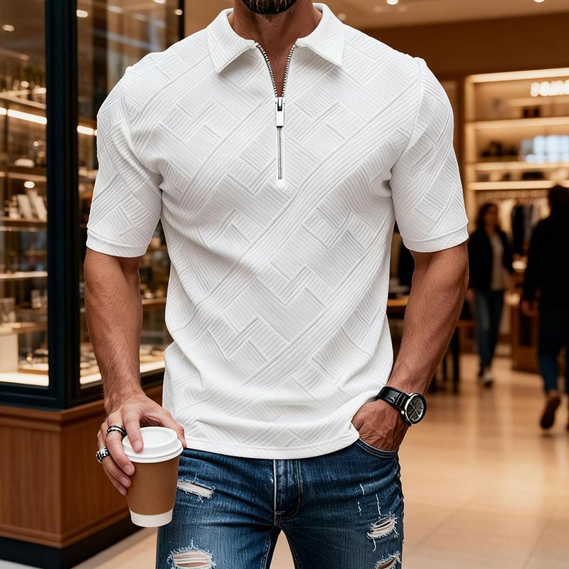 Stilvolle Herren Jacquard Polohemden mit Struktur 2026 Frühling Sommer Lässiges Kurzarm-Polohemd Herren Vintage Reißverschluss Kragen Pullover