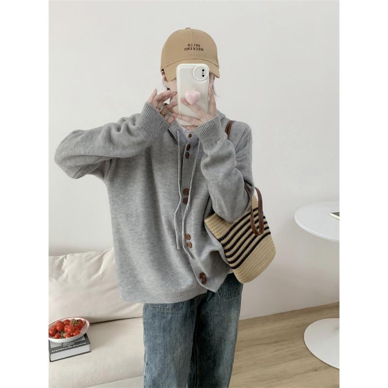 Casual Hooded Knitted Cardigan Top Women's Autumn and Winter New Simple and Versatile Loose Lazy Sweater Jacket