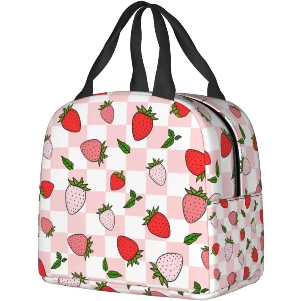 Insuated Lunch Bag for Women Kawaii Print Bags Cute Pink Plaid Reusable Lunch Box for Picnic Beach Office