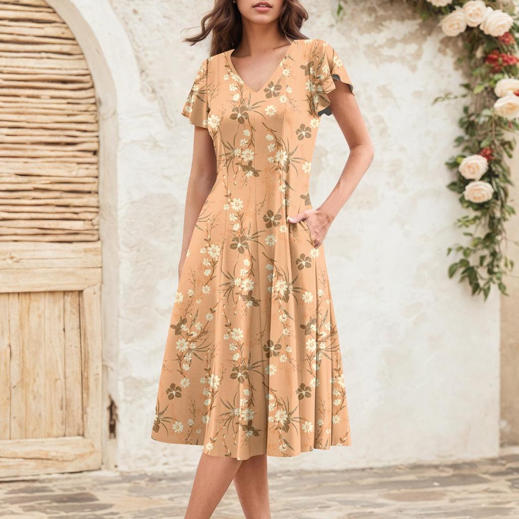 Women's Summer Fashion V-Neck Ruffle Sleeve Retro Elegant Midi Dress