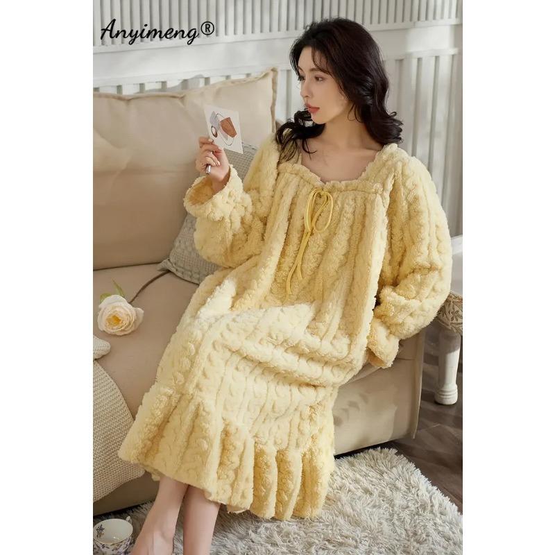 

Елегантні жіночі зимові нічні сорочки Жіноча нічна сорочка з довгим рукавом з жаккардового оксамиту M-4XL Жіноча тепла нічна сорочка плюс розмір до середини ікри M