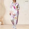 Women Plus Size Abstract Printed Nurse Scrub Set V Neck Long Sleeve Pocket Top Long Pants Two Piece