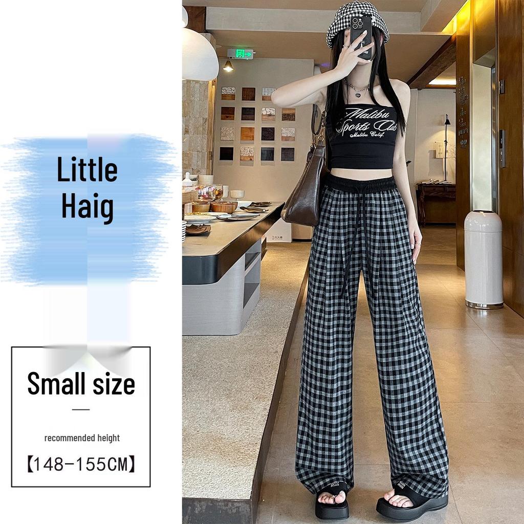 Retro Blue Plaid Wide-Leg Pants - Spring/Summer 2026 Collection, Lazy Style, Drapey Straight-Leg Casual Pants