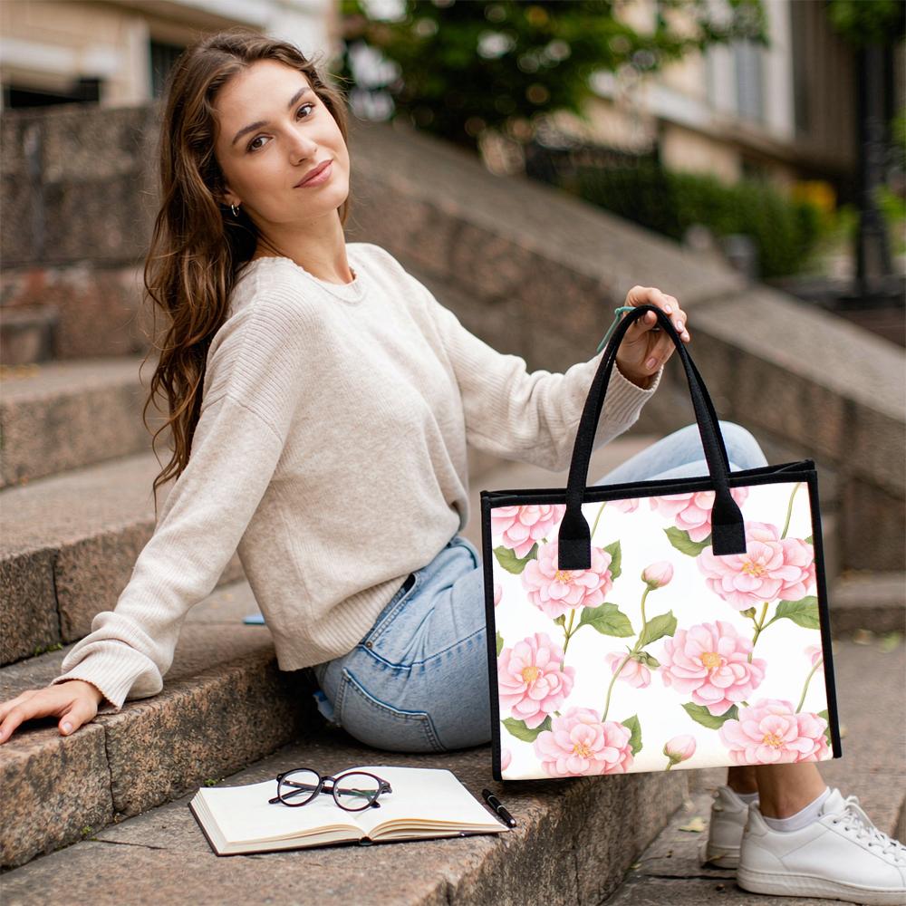Floral Print Canvas Tote Bag Stylish Casual Handbag for Daily Use