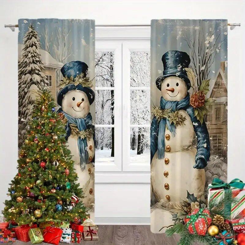 2pcs- Christmas-themed Snowman Pattern Printed Curtains, Christmas Decorations, Home Room Decorations