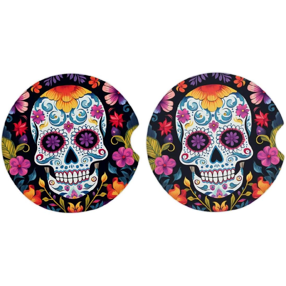 

Car Coaster 2 Pack Boston Terrier Dog Car Coaster for Drinks Absorbent Ceramic Cup Holder Coaster for Men Women Removal Cute Car Accessories 2.56in Mexican Sugar Skull