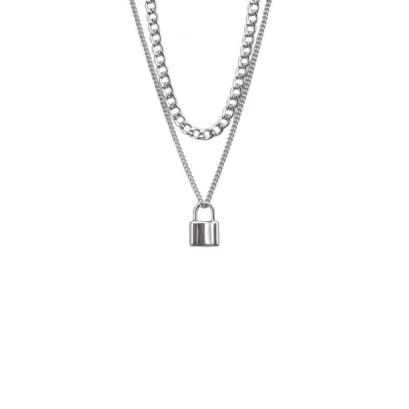 Hip Hop Personality Flow Cold Wind Double Layer Stacked Lockhead Necklace Female Neutral Collarbone Chain Sweater Chain