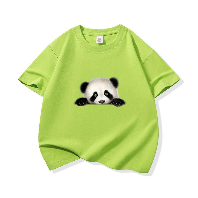 Kids Cotton T Shirt Cute Peeking Panda Print Crew Neck Short Sleeve Tee Casual Breathable Boys Girls Summer Tops