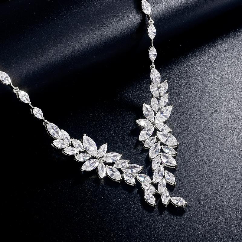 ZAKOL Luxury Brilliant Full Zirconia Leaf Flower Necklace for Women Elegant Dubai Nigeria Bridal Wedding Party Zircon