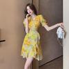 French Retro Floral Chiffon Dress: Summer Beach-Ready Irregular Skirt