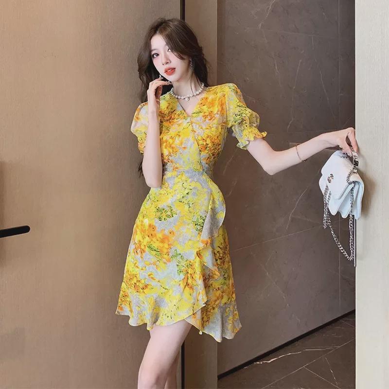 French Retro Floral Chiffon Dress: Summer Beach-Ready Irregular Skirt