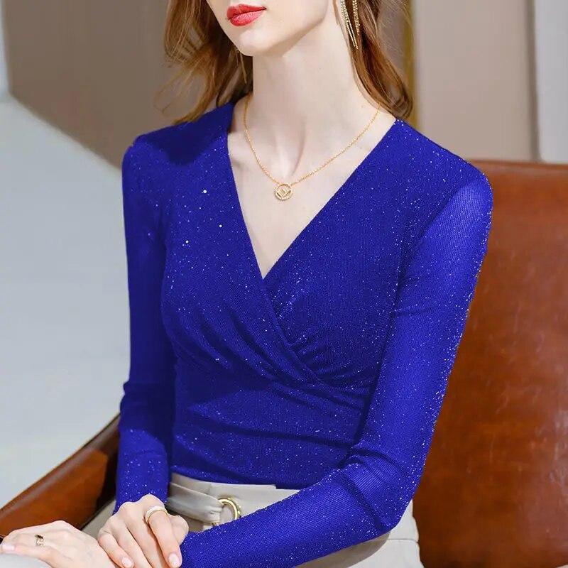 New Bright Silk Mesh T-shirt Women's Long Sleeved Bottoming Shirt Spring Autumn Bow Waistband V-neck Pullovers Top