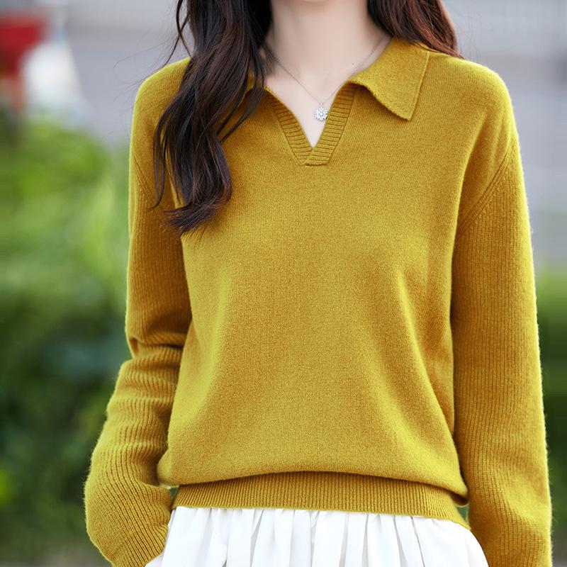 2026 Women's Pure Wool Polo Collar Loose Knit Sweater - Solid Color, Versatile, Casual Base Layer.