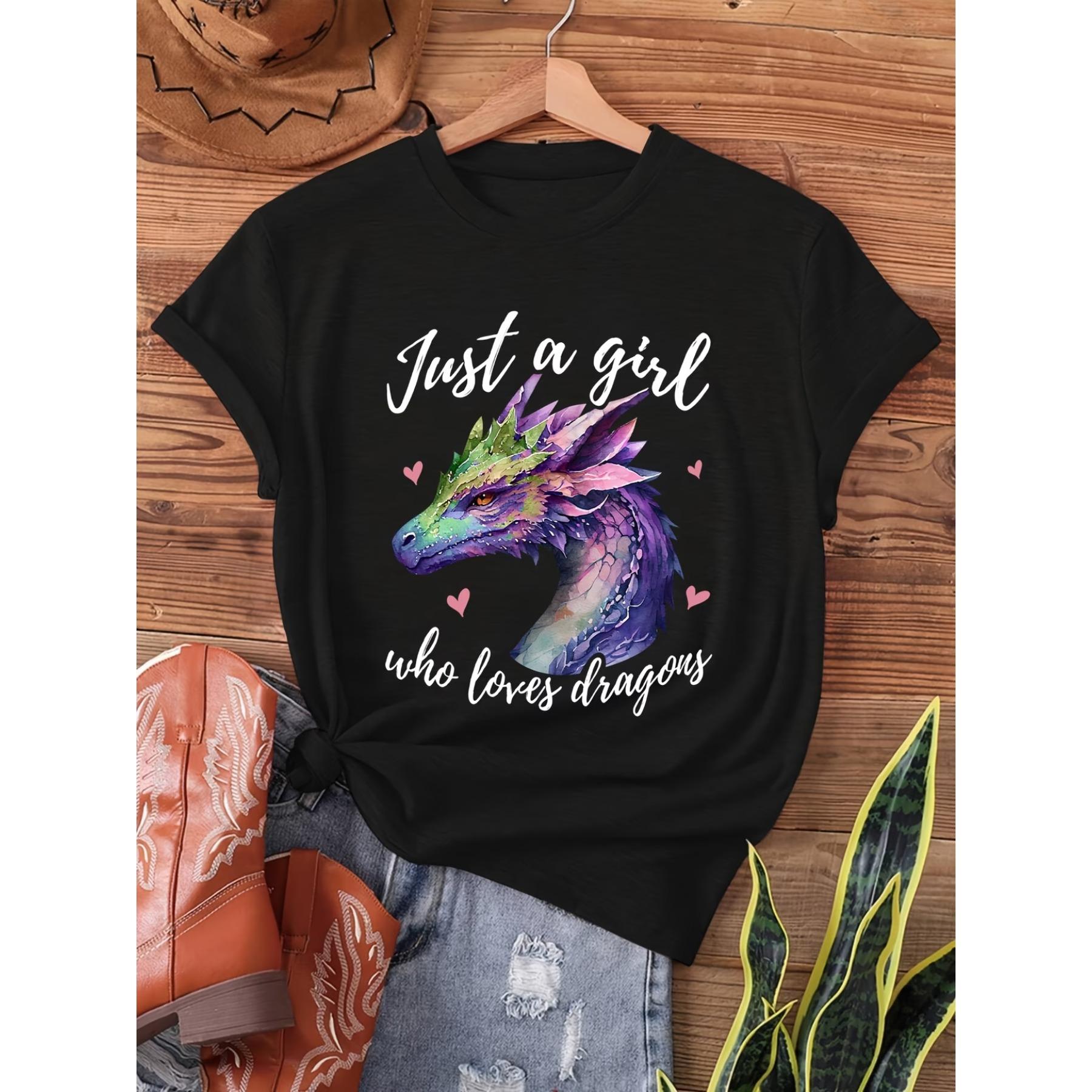 Cute Dragon Watercolor Art Print T-shirt, Short Sleeve Crew Neck Casual Top for Summer & Spring, Women s Clothing S чёрный