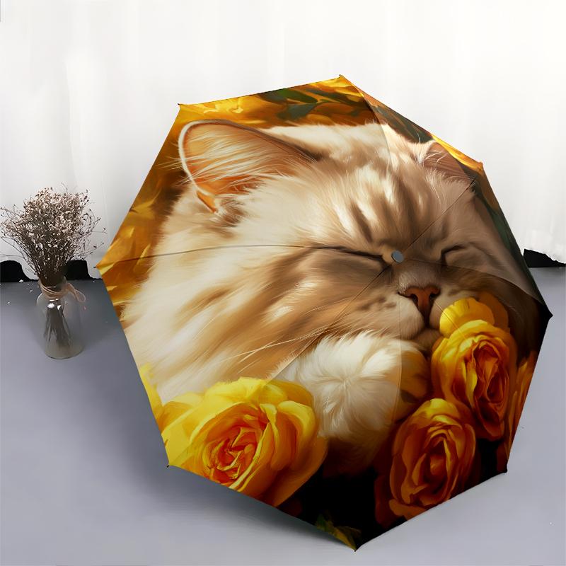 Rose and Persian Cat Pattern, Automatic Folding Umbrella, Portable and Foldable Design, 8 Ribs, a Christmas or Birthday Gift.