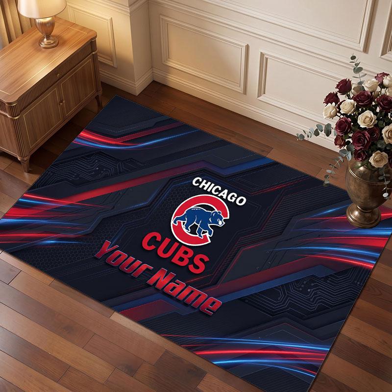 Chicago Cubs Personalized Crystal Velvet Carpet, Customized Name Text Soft Anti‑Slip Rug for Living Room Bedroom