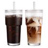 Ribbed Glass Tumbler with Lid And Straw, 560ml Capacity Iced Coffee Cup, Reusable Cold Drink Glass for Home, Travel Cup Fits Car Holder