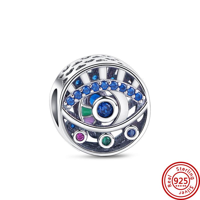 925 Silver Blue Space Earth Airplane Demon Eyes Pavé Clear Zircon Shiny Beads Fit Original  Charms Bracelet Women Jewelry