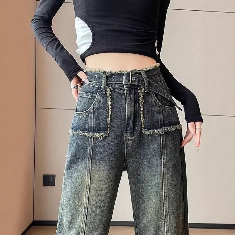 2025 Women's High Waist Straight-Leg Jeans: Slimming, Loose, Floor-Length Wide-Leg Denim with Raw Edge