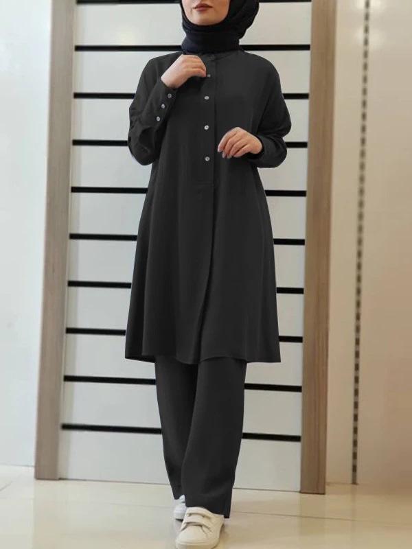 Dostępny H728# Damski muzułmański dwuczęściowy zestaw koszuli i długich spodni w jednolitym kolorze - Casualowy i luźny krój