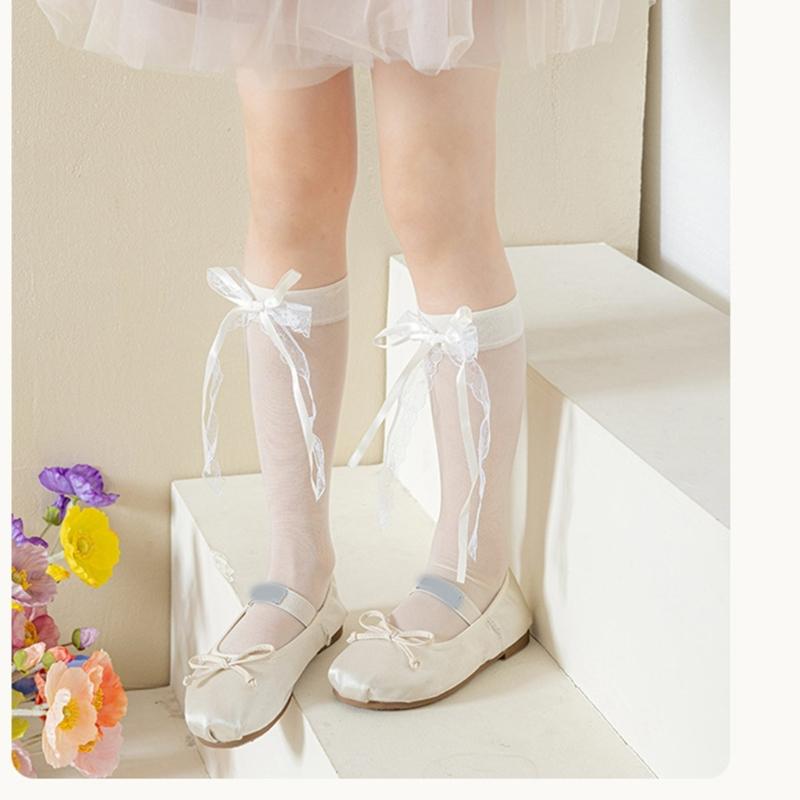 Soft & Breathable Girls Under Knee Length Socks Lovely Bowknot Accent Middle Tube Socks Stockings Enjoy Sweet Charm