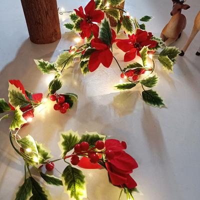 Artificial Poinsettia Garland Decorative String Lights With Red Berries Rattan For Christmas