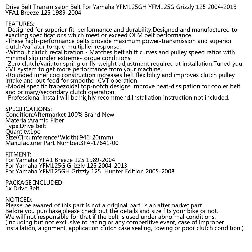 Antriebsriemen Für Yamaha 3FA-17641-00-00 YFM125 YFA125 Grizzly Breeze 125 1989-13