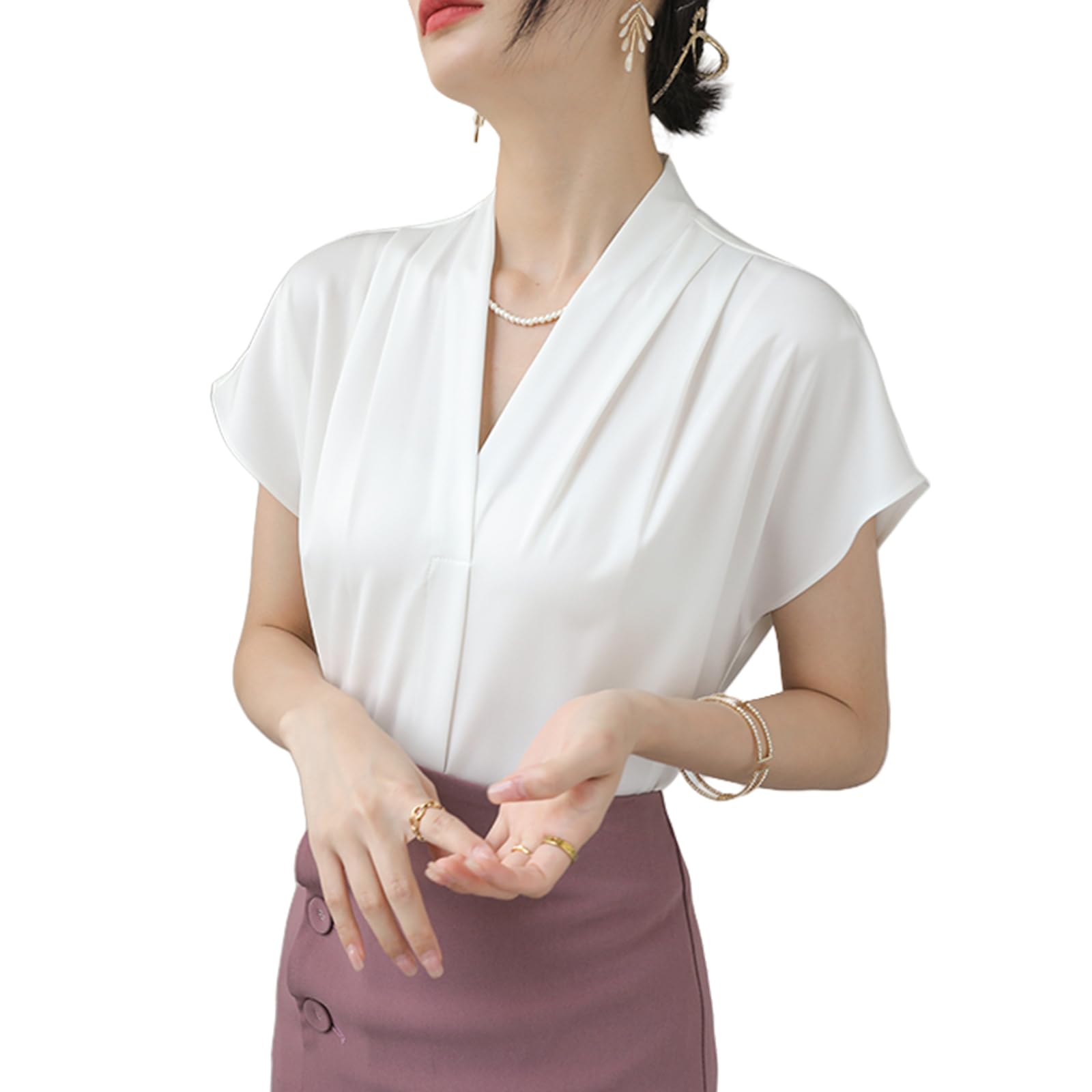 

Блузка женская с коротким рукавом из французского шифона с оборками, большая, прохладная для лета [Leadamon-oee], Блузка, Рубашка, Рукав, V-образный вырез, Блузка, Топ, Пуловер, белый