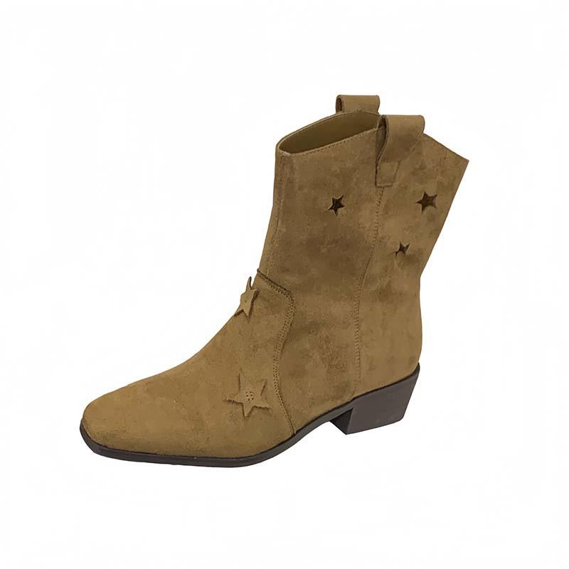 Anti-fur short boots hollow stars western cowboy boots 2025 autumn boots V-mouth thin thick-soled medium boots