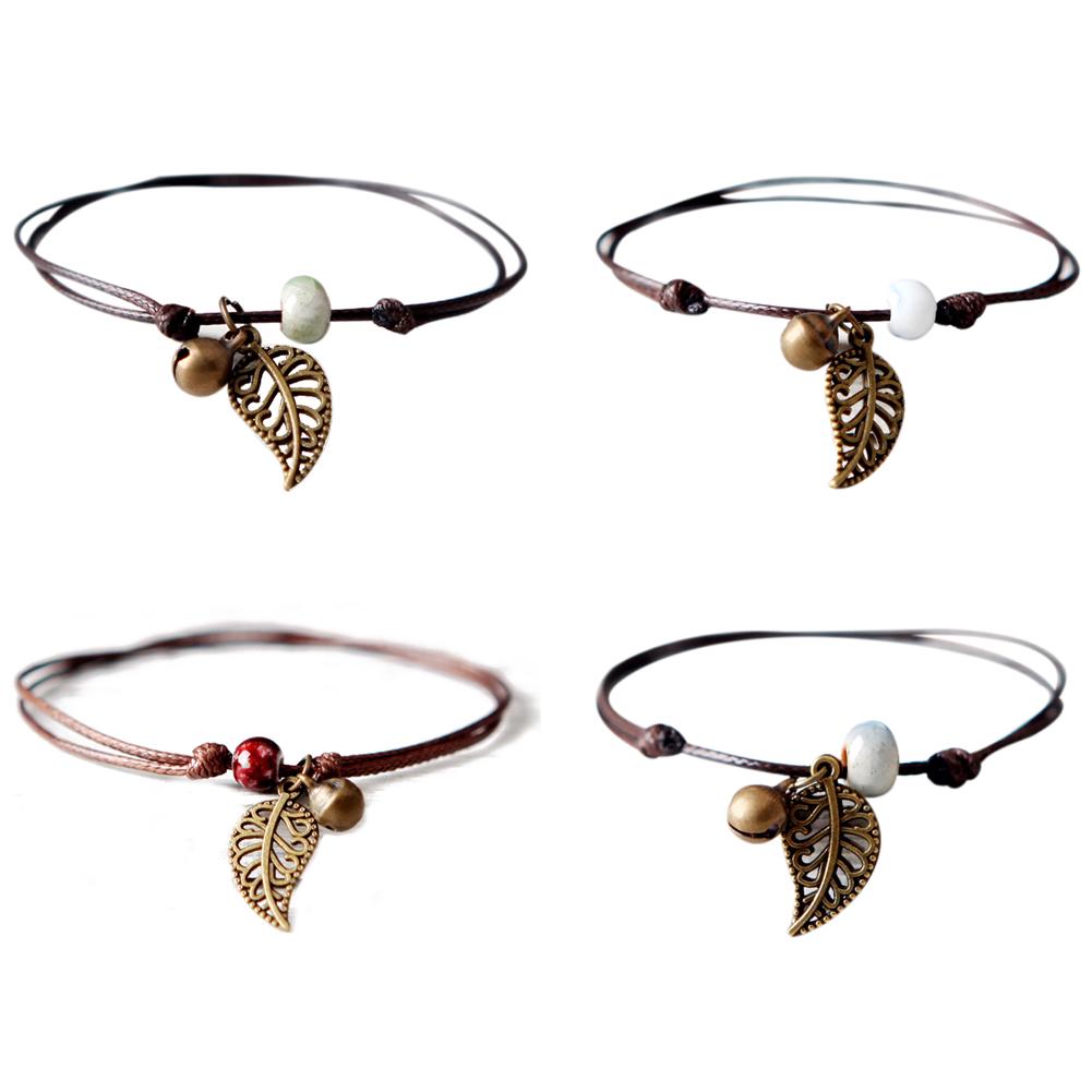 Ceramic Beaded Bracelet Bangle Rope Chain Vintage Leaf Pendant Couple Jewelry