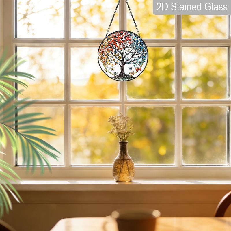 2D Flat Stained Glass Tree of Life Window Decoration, 6.3/7.87inches Colored Glass Plate with Chain, Charming Indoor/Outdoor Sun Catcher Home Garden