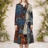 Women Plus Size Two Piece Dress Set Round Neck Long Sleeve Blue White Printed Cropped Cardigan Sleeveless Dress