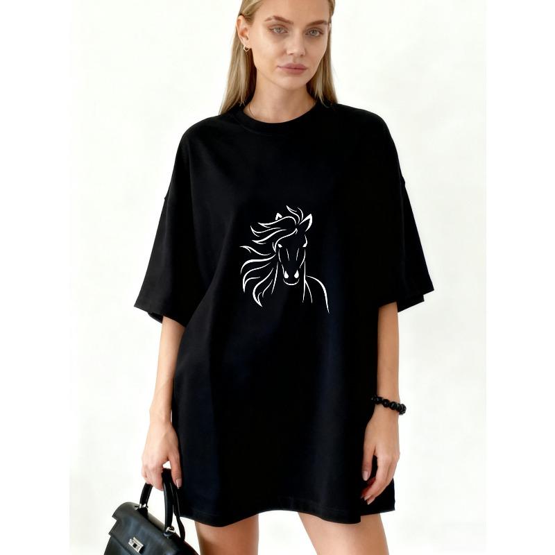 

Oversized T Shirt Dress Black Horse Head Print Casual Wear For Women XXXXL чорний