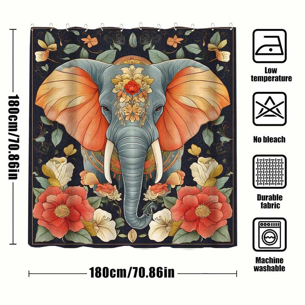 1Pc Beautiful Elephant God Designed Polyester Shower Curtain, With 12 Hooks, Machine Washable, Suitable For Bathroom Decor