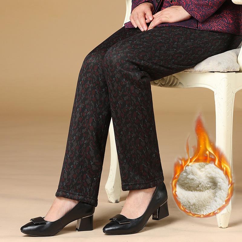Grandma Pack Fleece Pants Middle Old Woman Winter Flower Cotton Pants Thickened Mom Lamb Fleece Old Lady Loose Straight Tube