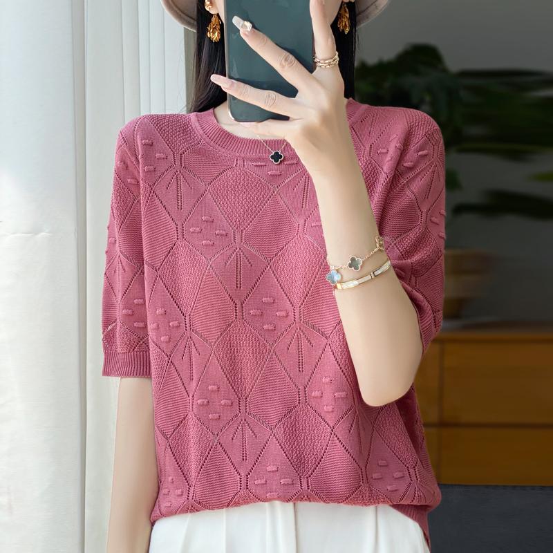 

Women Knit T-shirt Summer Knitted Shirt Short Sleeve Tees O-neck Pullover Knit Tops Female M роза розовый