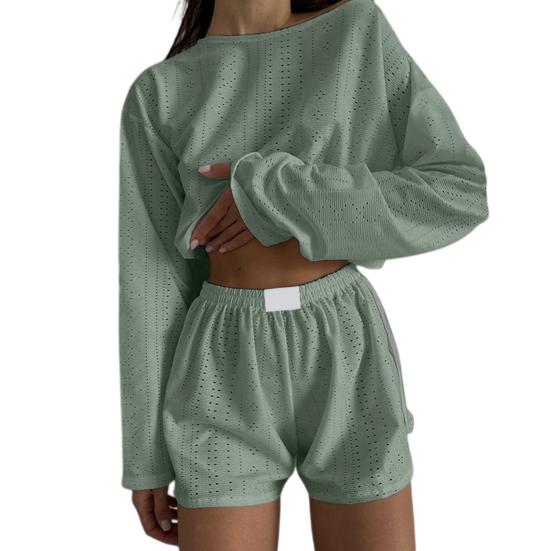 2 st/set Dam Top Shorts Outfit Hollow Out Elastisk midja Lös Långärmad O-hals Tunn Enfärgad Andas Mjuk Homewear T-shirt Shorts Set