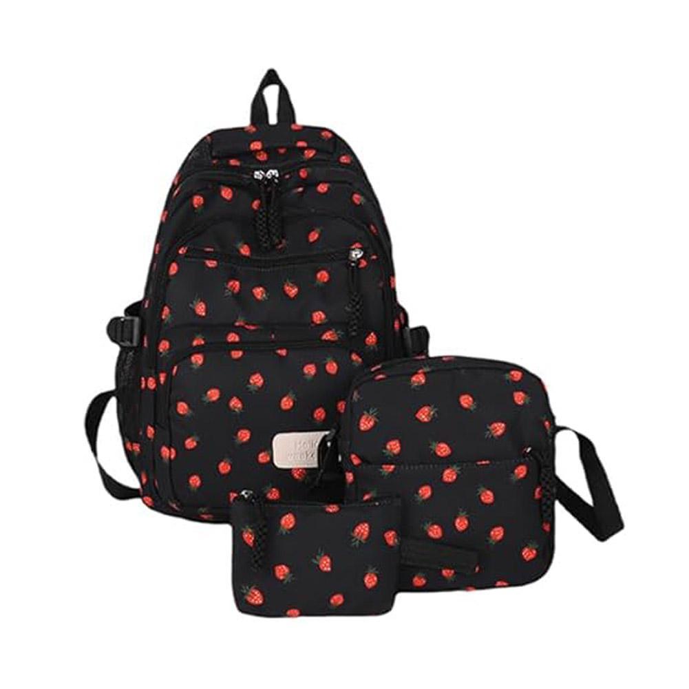 Corduroy Backpack Three Piece Set Strawberry Print Daily Casual Backpack Niche Large Capacity Commuting Light Backpack