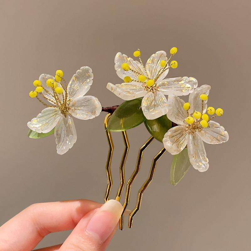Vintage Flower Hairpin Elegant Chinese Style Glass Flower Hair Comb For Women Girls Exquisite Fairy Metal Hair Accessories 1pc