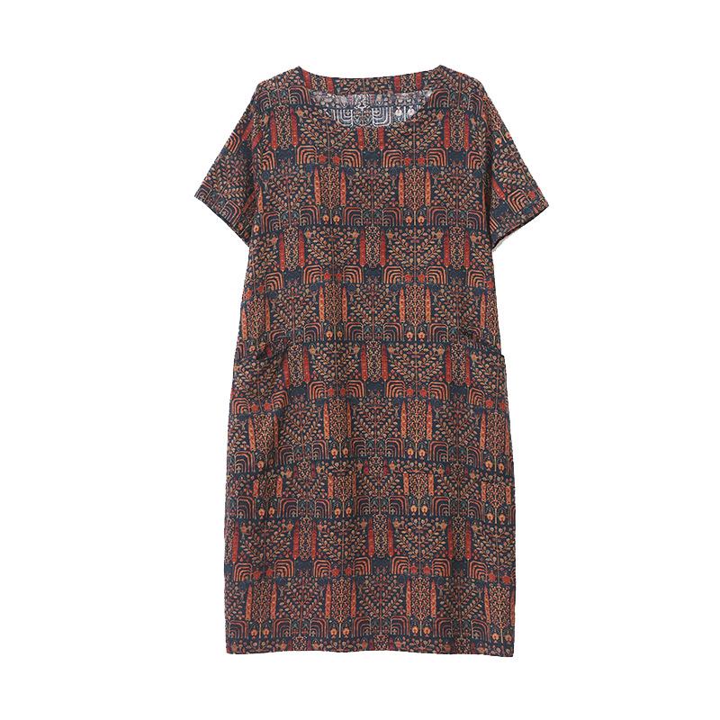 Summer 2025 Retro Print Cotton Linen Dress - Loose Fit for Middle-Aged and Elderly Women