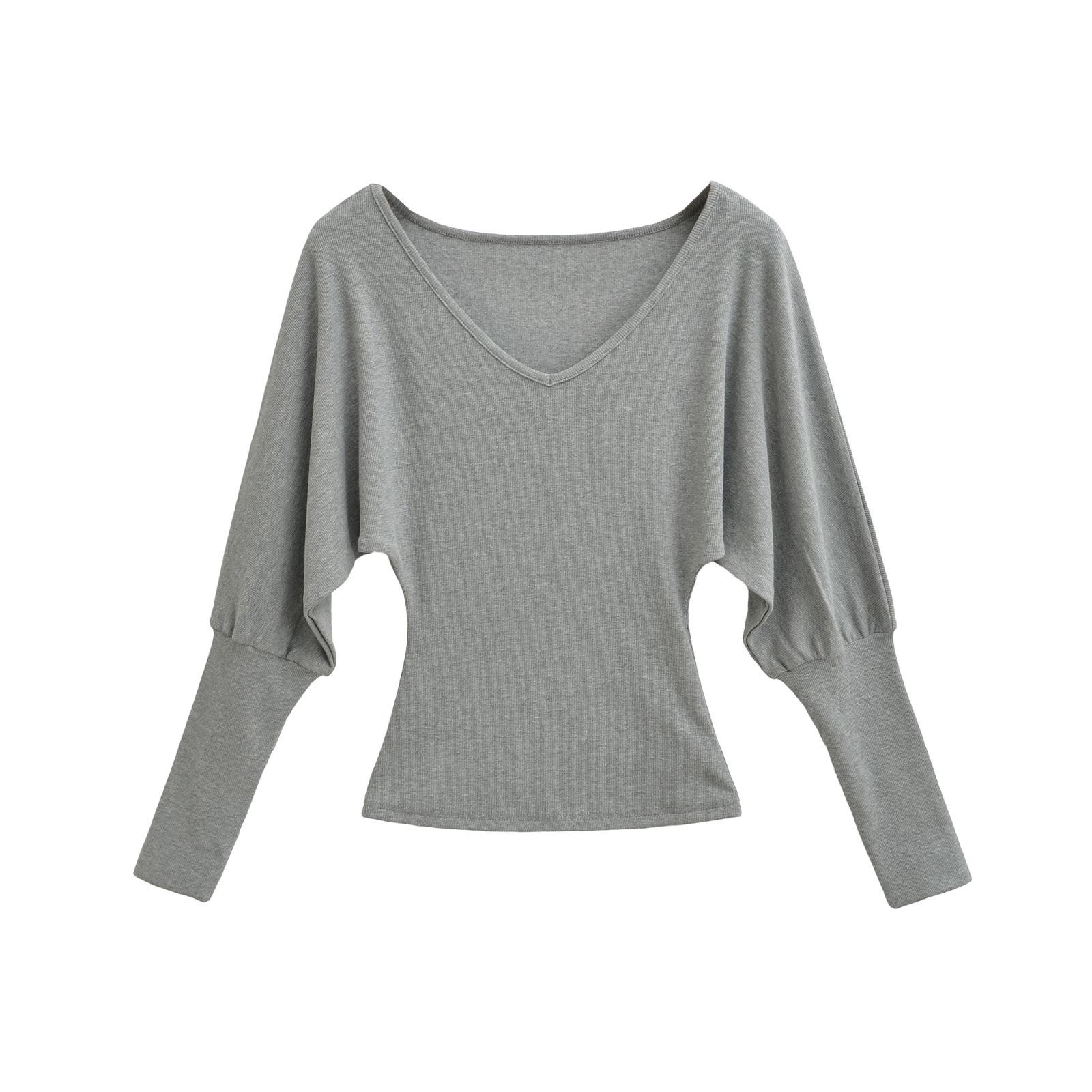 American Spicy V-neck Slim Waist Batwing Sleeve Velvet Long-sleeve Top Small хизер серый