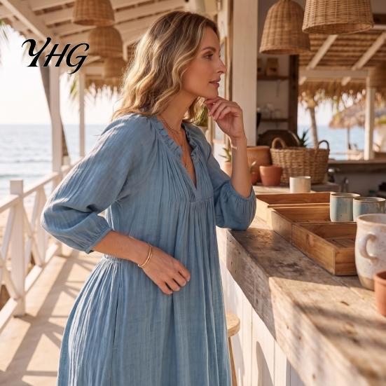 Bohemian Inspired Dress Ruffle V-Neck Long Dress, 3/4 Sleeves Maxi for Comfortable Women Dresses Women, Solid Color Casual Loose Spring Fall