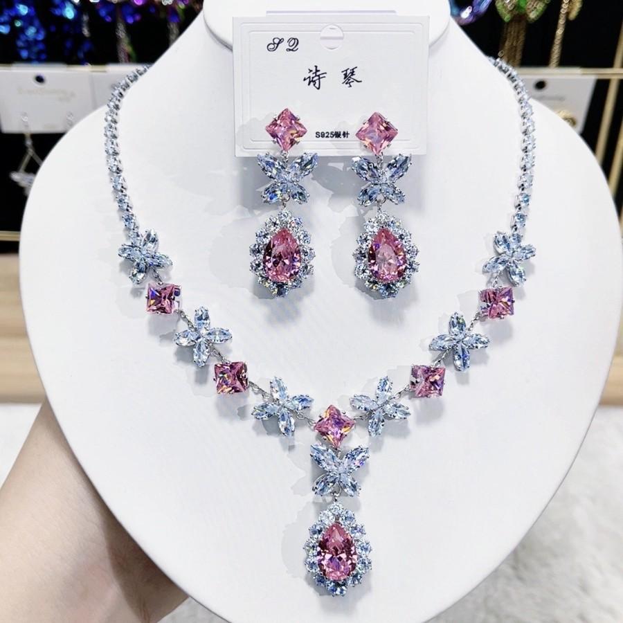 Luxury Waterdrop Pendant Jewelry Set Earring Pink Necklace For Women Bridal Wedding Exquisite Fashion Zircon Party Banquet Gift